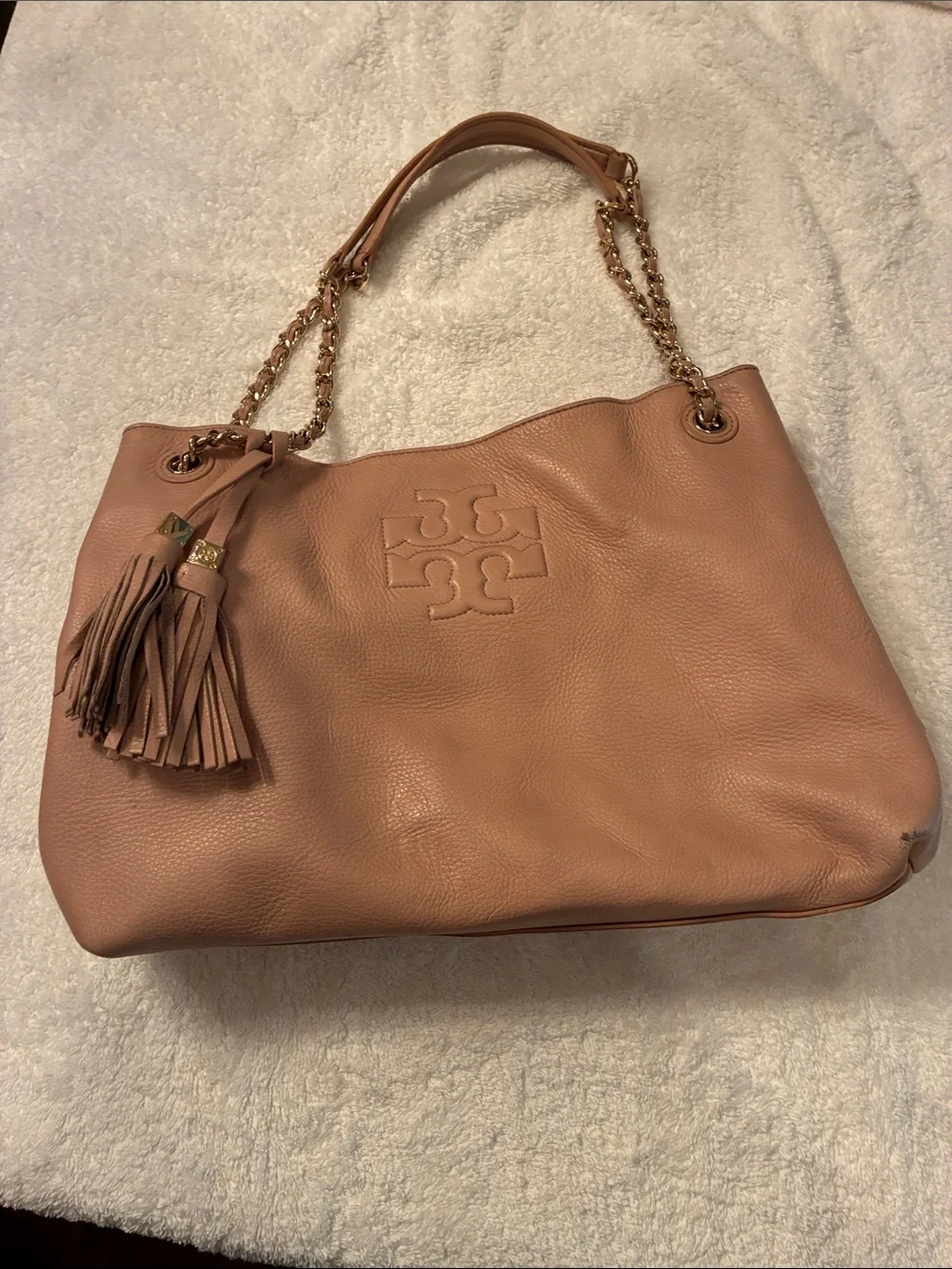 Tory Burch Pebbled Leather Shoulder Tote in Blush Pink with Tassel